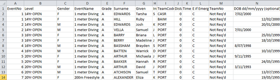 Sample SchoolTeam.CSV file